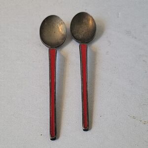 Vintage Silverplate Demitasse Spoons with Red Enamel Inlay-2